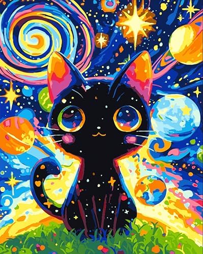 Yunnuo Paint by Numbers Kit for Adults Cat,Adult Paint by Number Kits on Canvas,Painting by Numbers for Beginners Black Cat and Starry Night,DIY Oil Painting Kit for Home Wall Decor Gift (16x20 Inch) by Yunnuo-premiumdiyartpaintingkits