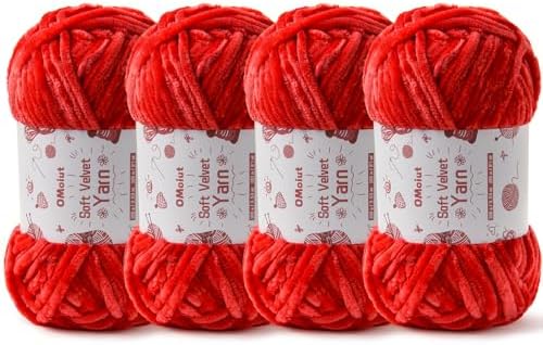 4x100g Fluffy Velvet Chenille Yarn for Crocheting and Knitting, 4x80m (87.5yd) Baby Yarn for Crocheting Soft, Crochet Chunky Yarns Amigurumi Yarns (4 Red) by OMoiut