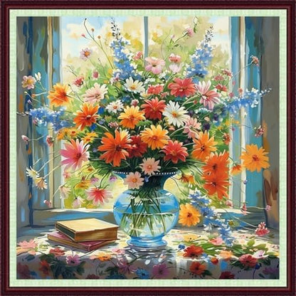 Dooxvey Cross Stitch Kits for Adults Beginners,Full Range of Cross-Stitch Stamped Kits Needlepoint Kits for Beginners Embroidery Kits 11CT Cross Stitch Patterns-Window sill colorful flowers 18x18 inch by DooxveyStampedEmbroideryKit