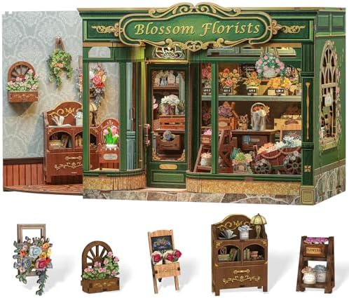 Cutefun Book Nook Kit - DIY Miniature Flower Shop Booknook Kits for Adults and Teens, 3D Wooden Puzzle Bookend Bookshelf with LED Light, Creative Crafts Gifts for Book Lovers (Blossom Florists) by Cutefun
