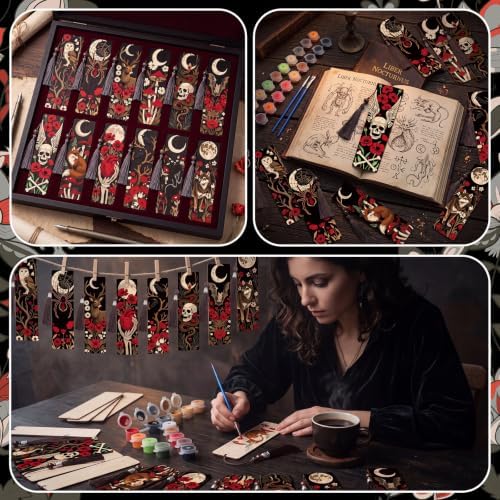 Kosiz 12 Pcs Gothic Skull Paint by Number Kit for Adult Wood Bookmark - Image 6