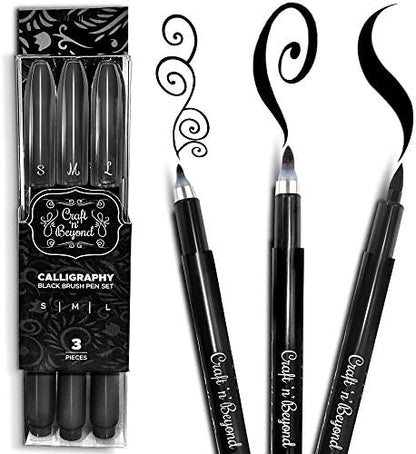 Craft 'n' Beyond Calligraphy Brush Pens Pack of 3 Small, Medium and Large Markers for Hand Lettering, Art Drawing, Sketching, Scrapbooking, Writing, Journaling - Beginner Kit with Fadeproof Black Ink by CraftnBeyond