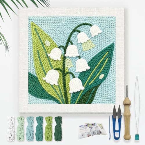 Doodlream Lily of the Valley Needle Kit for Beginner, 9.4"x 9.4" Flower Punch Stitching Craft Set, DIY Embroidery Starter with Printed Frame, Instruction, Threader, Yarn, Pinch Needle by Doodlream