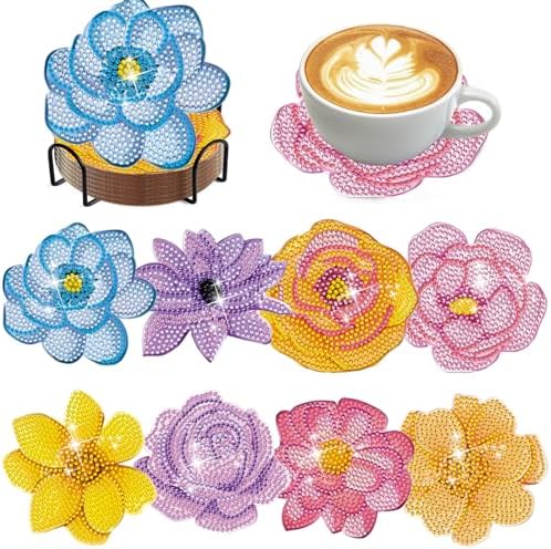 DOTZSO Diamond Art Coaster Kit 8Pcs Flower Diamond Painting Coaster 4×4in by DOTZSODiamondPainting