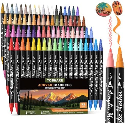 72 Colors Precision Dual Tip Acrylic Paint Markers Pens - Brush & Fine by TOSHARE
