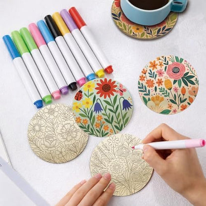 26PCS Wood Coasters Craft Kit 10 Paint You Own Coaster with 16 Markers Wooden Coasters Painting Set for Adults and Beginners DIY Coaster Kit Flower Painting Crafts Art Supplies(Flower) - Image 5