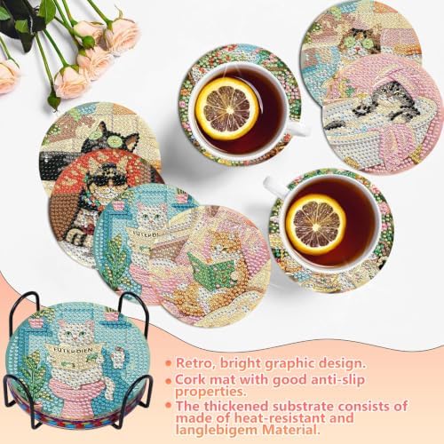 8 Pcs Cat Diamond Art Coasters Kit for Adults, Diamond Painting Coasters - Image 2