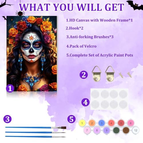 NAIMOER Halloween Paint by Numbers Kits for Adults Beginner with Wooden Framed, Women Flowers Color by Numbers on Canvas Painting Kits for Adults, Easy Paint DIY Acrylic for Home Wall Decor 8X12 Inch - Image 5