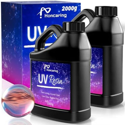 Honcaring UV Resin Bulk 2000g, Hard Type Clear Beginner-Friendly Kit, Upgraded Formula & Crystal Clear for Jewlery Making, Art Craft, 1000g*2 Resin UV Kit for Earring, Pendant, DIY by Honcaring