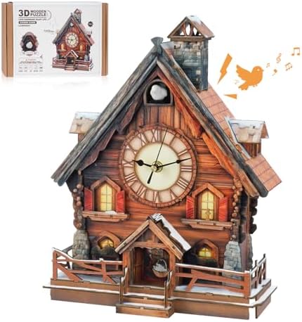 3D Puzzles for Adults-Cuckoo Clock, Swiss Igloo Clock Kit (with Pendulum), Wooden Puzzles for Adults Home Decor DIY Watch Making Kit Christmas Day Puzzle Gifts for Men Women 14+ by RnfinewowWoodenPuzzles