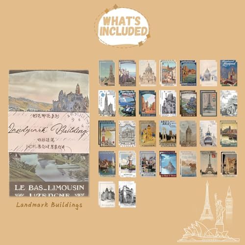 60 Sheets Junk Journal Ephemera Kit, 30 Unique Vintage Scrapbook Paper Patterns for Bullet Journal, Planner Supplies, 3x2 inch (80x50mm) Collage Material (Landmark Buildings) - Image 2