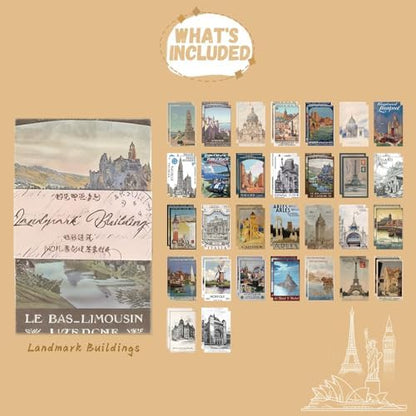 60 Sheets Junk Journal Ephemera Kit, 30 Unique Vintage Scrapbook Paper Patterns for Bullet Journal, Planner Supplies, 3x2 inch (80x50mm) Collage Material (Landmark Buildings) - Image 2