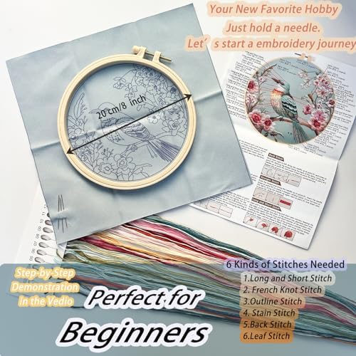 FONNUY Embroidery Kit for Beginners, Hummingbird Flowers Pre-Stamped Pattern Kits for Adults with Hoop, Easy to Follow Color Thread Needlework, 8''Hoop (Lightblue) - Image 5