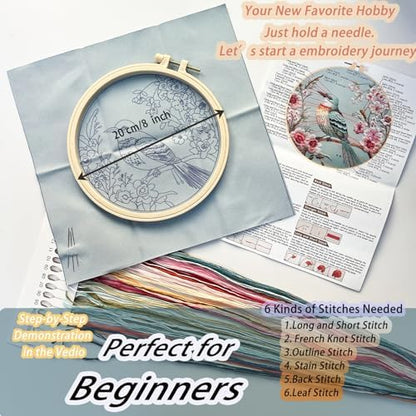 FONNUY Embroidery Kit for Beginners, Hummingbird Flowers Pre-Stamped Pattern Kits for Adults with Hoop, Easy to Follow Color Thread Needlework, 8''Hoop (Lightblue) - Image 5
