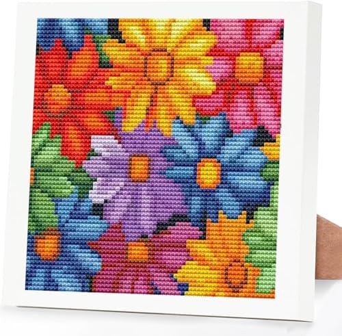 Colorful Daisies Stamped Cross Stitch Kits for Adults Beginners with Frame by DIYHomeDecor