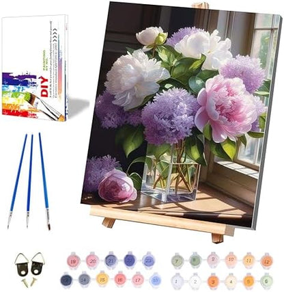 Peony Paint by Numbers for Adults with Framed Canvas - with Wooden Easel by xackcme