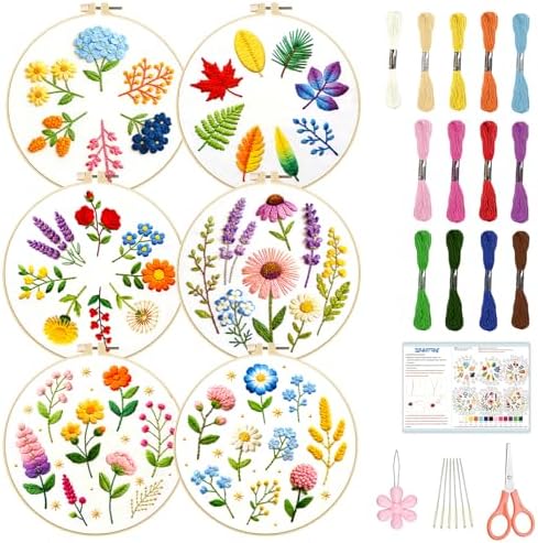 BEUNITONE 6 Pack Beginner Embroidery Kit for Adults, Simple Floral Plants Pre-Stamped Pattern Starter Needlepoint Kits with Hoops & Instruction, Hand Embroidery Kits for Fabric and Home Decor 7.9x7.9 by BEUNITONE