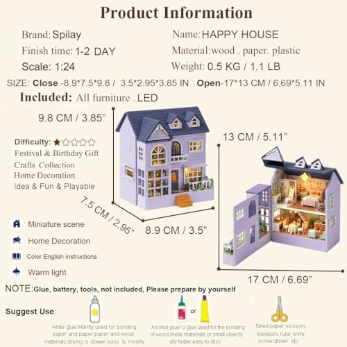 Spilay Dollhouse DIY Miniature Wooden Furniture Kit,Mini Handmade Doll House with LED,1:24 Scale Creative Woodcrafts for Adult Friend Lover Birthday Gift D32 - Image 4
