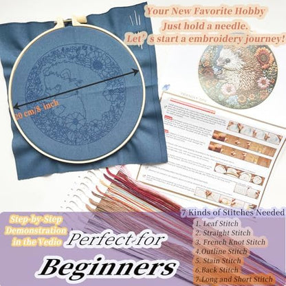 FONNUY Embroidery Kit for Beginners, Cute Hedgehog Stamped Embroidery Patterns Kits for Adults with Hoop, Easy to Follow Sewing Thread Needlework, 8'' Hoop (Resilient) - Image 5