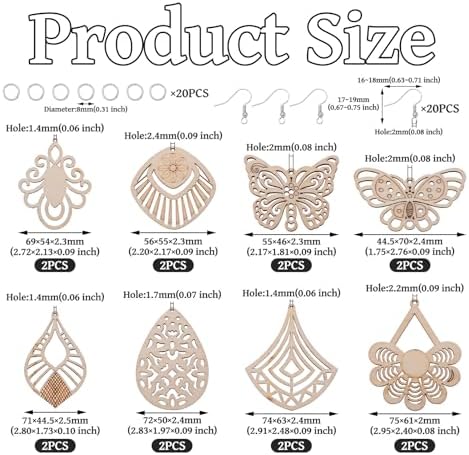 Elecrelive 8 Pairs Butterfly Wood Charms Wooden Earrings Blanks Flower Teardrop Rhombus Wood Earring Pendants Wooden Dangle Earring Making Kit with Earring Hooks - Image 6