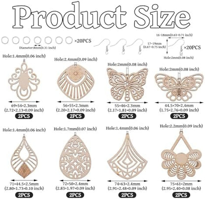 Elecrelive 8 Pairs Butterfly Wood Charms Wooden Earrings Blanks Flower Teardrop Rhombus Wood Earring Pendants Wooden Dangle Earring Making Kit with Earring Hooks - Image 6