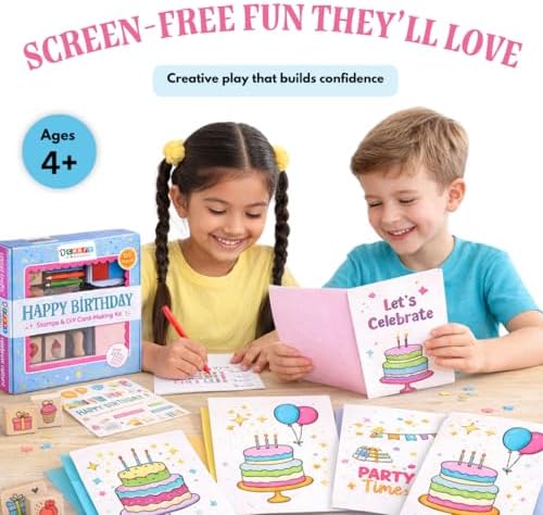 Birthday Card Making Kit -11 Reuseable Wooden Stamps & Ink Pad, 12 Blank Cards with Colorful envelopes, 1 Sheet of Birthday Stickers and 5 Color Pencils Ages 4+ - Image 2