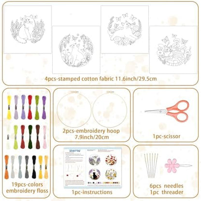 BEUNITONE 4 Set Embroidery Kit for Beginners, Cat and Butterfly Pre-Stamped Pattern Needlepoint Kits for Adults with Hoop and Instruction, Cute Hand Embroidery Patterns for Cloth and Home Decor - Image 2