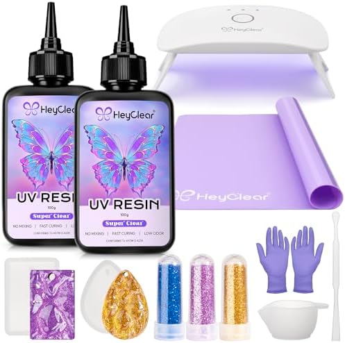 HeyClear UV Resin Kit with Light, Molds 200g Clear UV Epoxy Cure for Crafts by HeyClearResin
