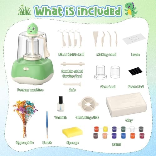Mini Pottery Wheel for Kids - Fingertip Pottery Painting Craft Kit with 2.3in Turntable, Clay and Flowers, Mess Free Arts & Crafts Toys Birthday Christmas Gift for Girls Boys 6 7 8 9 10 11 12+, Green - Image 2