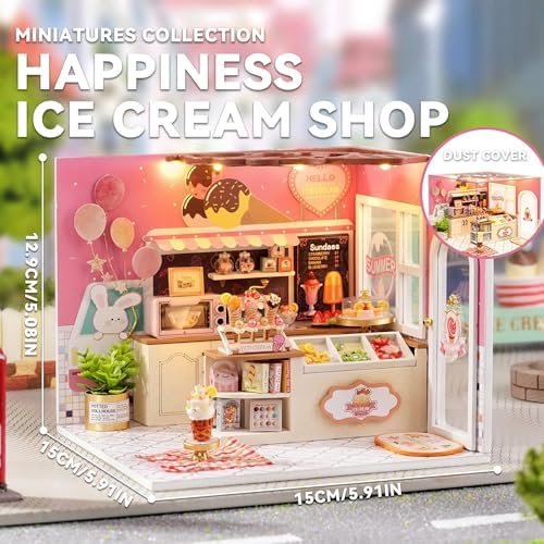 Flever DIY Miniature House Kit, Tiny Home Kit with LED Light, Mini House Build Craft Kits for Adults and Teens, Home Decor Creative Gift for Family/Friends (Happiness ice Cream Shop) - Image 2