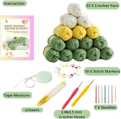 CSWCS Crochet Blanket Kit for Beginners, Daisy Granny Square Throw Kit for Adults, Easy Learn How to Knitting with Yarn & Hook, Complete Starter Set with Step-by-Step Instructions (47" x 39") - Image 3