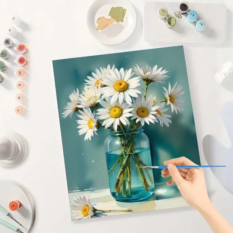 Daisy Bouquet Paint by Numbers Kit for Adults - DIY White Daisies in Glass Jar Painting on Canvas 16x20 Inches, Acrylic Paint Set, Suitable for Beginners, Floral Art for Home Decoration or Gifts - Image 3