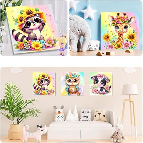MXCFZX 6-Piece Framed Digital Painting Set for Children, Animal Painting Set Suitable for Children Aged 4-8-12. Easy Owl Elephant Cows Acrylic Oil Painting Set for Home Wall Decoration 8 x 8 inch - Image 3