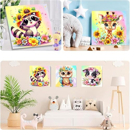MXCFZX 6-Piece Framed Digital Painting Set for Children, Animal Painting Set Suitable for Children Aged 4-8-12. Easy Owl Elephant Cows Acrylic Oil Painting Set for Home Wall Decoration 8 x 8 inch - Image 3