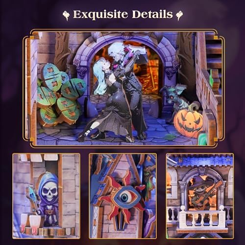Tonecheer DIY Book Nook Kit for Adults, Double-Sided Booknook Wooden 3D Puzzle Bookend Miniature House Kit, Fantasy Bookshelf Decor with Dust Cover and LED Light for Birthday Gifts (Monster Carnival) - Image 4