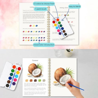 Summer Watercolor Workbook, Water Coloring Book with 12 Different Summer Beach Tropical Plant Coconut Paintings Original Designs, Watercolor Book Set with Palette and Brush, Relaxing Art for Beginners - Image 4