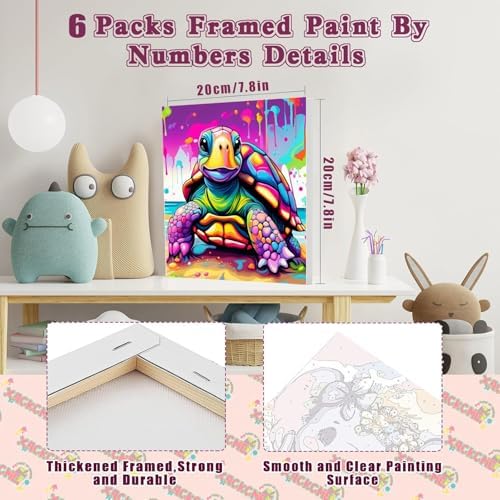 6 Pack Framed Paint by Numbers Kit for Kids, Horse Color By Number Painting Kits for Kids Ages 4-8-12, Cat Giraffe Paint by Numbers Canvas Children DIY Paints by Number Kits for Beginners 8x8Inch - Image 2