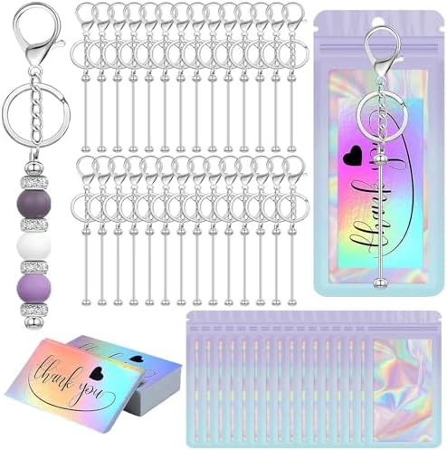 42/84/126 Pcs Beadable Keychain Bars Bulk Blank DIY Beaded Keychain Making Supplies with Bag Thank You Card by Unknown