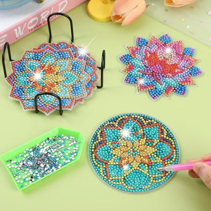 UPINS 8Pcs Lotus Diamond Art Painting Coasters Kits with Holder, Diamond Art Non Slip Coaster Kits DIY with Holder Crafts for Adults Diamond Art Painting Kits Supplies for Holiday Gift - Image 4