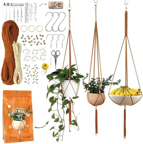 Macrame Kits for Beginners, 3 Set of Plant Hangers DIY Kit: Braided Polyester Ropes 50yds*5mm Burnt Orange, 20yds*2mm Ivory, 60+Pcs Supplies with Step-by-Step Easy Instructions (ORIV) by LETBE