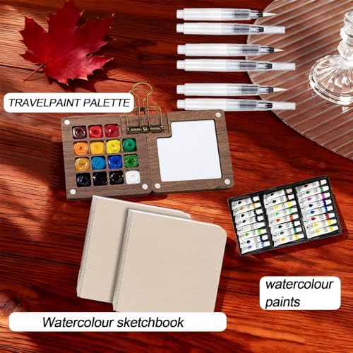 Tobeno1 Mini Watercolor Paint Set, Wooden Mini Portable Paint Palette Travel Kit, with Paint, Brush, Sketchbook & Copper Clip, for Beginners, Artists & Painting Enthusiasts (1 Set) - Image 5