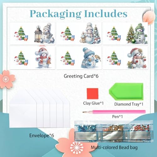 antor 6 Pack Diamond Art Christmas Cards with Envelopes, Special Shaped Rhinestone DIY Diamond Painting Greeting Card Kit, Snowman Design for Adults Holiday Craft Gift - Image 3