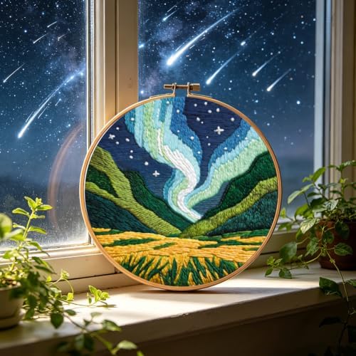 INFUNLY 2 Set Aurora Scenery Punch Needle Kit Natural Landscape Punch Needle Embroidery Kits for Adults DIY Punch-Stitching Kit with Instruction Threader Needles Frame for Wall Decor - Image 5