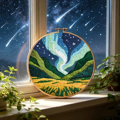 INFUNLY 2 Set Aurora Scenery Punch Needle Kit Natural Landscape Punch Needle Embroidery Kits for Adults DIY Punch-Stitching Kit with Instruction Threader Needles Frame for Wall Decor - Image 5