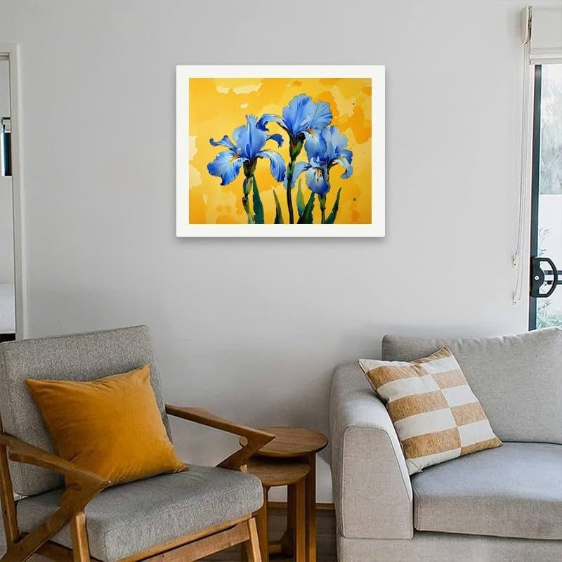 Botanical Design Paint by Numbers Kit for Adults - DIY Blue Iris Flowers on Yellow Painting on Canvas 16x20 Inches, Acrylic Paint Set, Suitable for Beginners,Art for Home Decoration or Gifts - Image 4