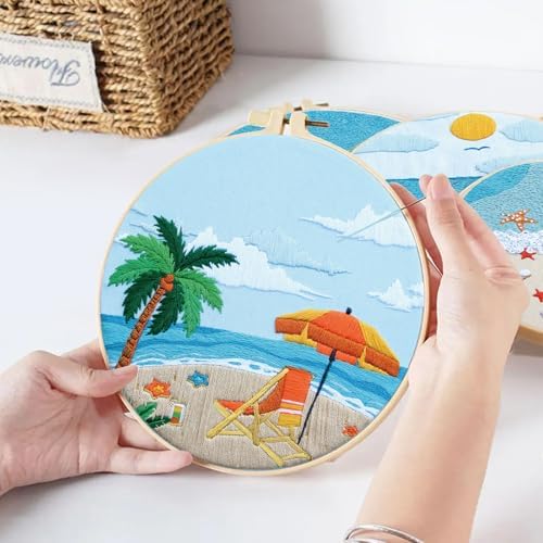 4 Set Ocean Embroidery Kit for Beginners Adults Embroidery Starter Kit Ocean Beach Pattern Spring Summer Hand Crewel Embroidery Kit Cross Stitch Kit Include Instruction 2 Hoops Color Threads Needles - Image 4