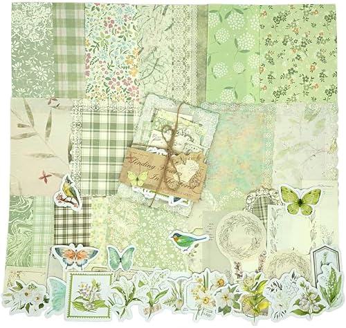 OKUPAN Vintage Floral Scrapbook Supplies Kit with Scrapbook Paper & Journaling Stickers (100pcs) - (Green) Junk Journal Supplies for Bullet Journaling, Retro Crafts, Planner, Mixed Media, Card Making by DecorateYourWorld