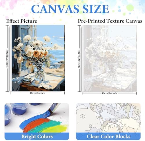 PRASIO Framed Paint by Numbers Kit for Adults Beginner, Flowers Adult Paint by Number Kits on Canvas Framed, DIY Acrylic Watercolor Oil Paint by Numbers with Frame for Gift Home Decor 16x20 Inch - Image 4