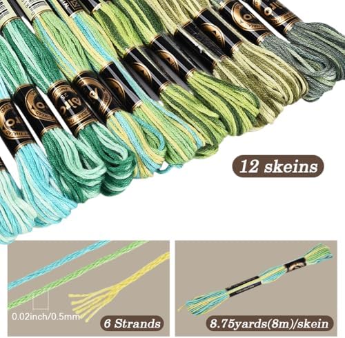 12 Skeins 105 Yards Green Embroidery Thread Variegated Cross Stitch Floss Bulk 6 Ply Polyester Yarn Colorful Friendship Bracelet String for Sewing Making Needlecraft Knitting Stitching DIY - Image 2