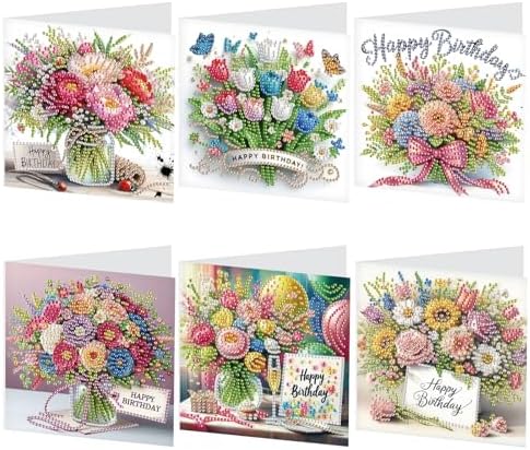 LazyFold 6Pcs DIY Diamond Art Painting Greeting Cards with Envelopes, Beautiful Bouquet All Occasion Note Card Kit for Women, Handmade Thank You Birthday Friendship Cards Gift by LazyFold